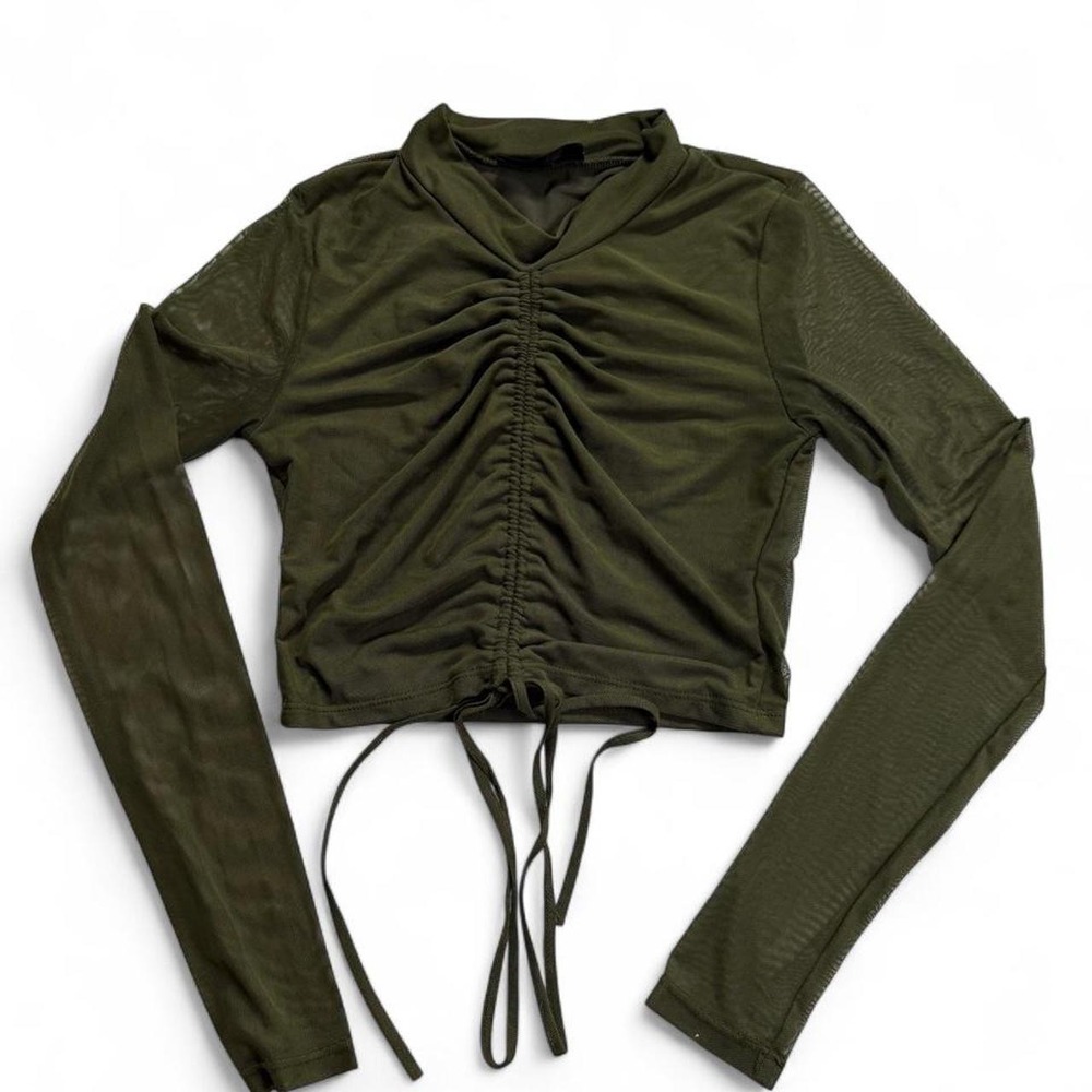 Lux LA Olive Green Ruched Center Sheer Mesh Mock Neck Crop Top